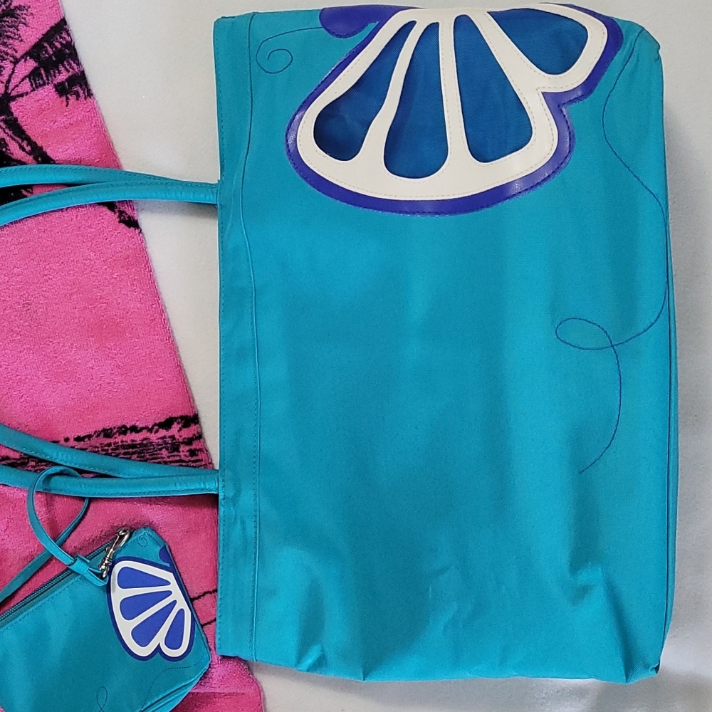 NEW Large Canvas Beach Tote Bag 17 X 11 X 7 Butterfly Summer Living Blue 2pc set - Picture 6 of 14